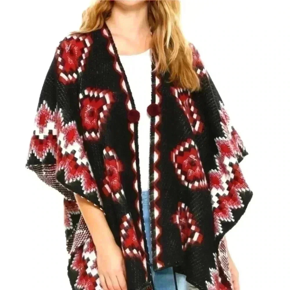 Elan Tribal Boho Chunky Knit Poncho Cardigan Tie Tassel Wrap Sweater One Size